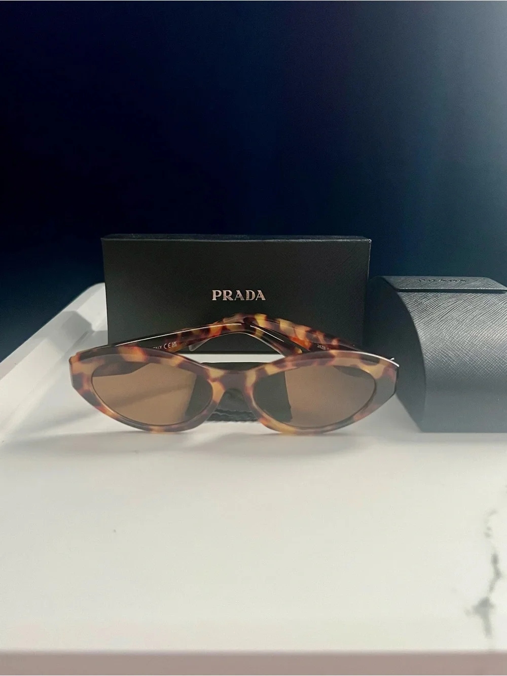 PRADA Sunglasses Symbole Small Oval Acetate Loden Honey Havana Tortoise EUC